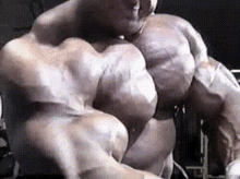 a very muscular man is flexing his muscles in a gym .