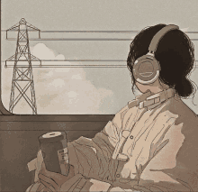 a girl is wearing headphones and holding a cup of coffee while looking out of a window .