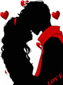 a silhouette of a man and a woman kissing with red hearts surrounding them .