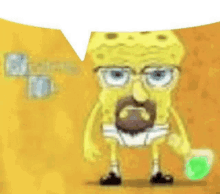 a cartoon of spongebob with glasses and a beard holding a green bottle .