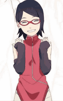 a drawing of a girl wearing glasses and a red jacket is smiling .