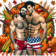 a couple of men standing next to each other in front of a basket of pumpkins