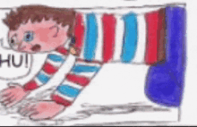 a drawing of a boy laying on a bed with a speech bubble that says " hui "