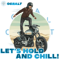 a cartoon of a man standing on top of a motorcycle with the words let 's hold and chill below him