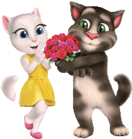 a cartoon cat is holding a bouquet of flowers next to a white cat