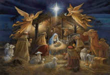 a painting of a nativity scene with animals and angels