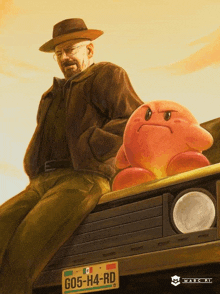 a painting of a man and a kirby with a license plate that says g05-h4-rd