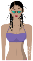 a drawing of a woman wearing sunglasses and a purple bikini top with the signature stefan schulze