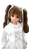 a doll with brown hair is wearing a white dress and jacket