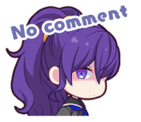 a girl with purple hair has a sticker that says no comment on her head