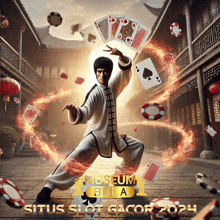 a poster for situs slot gacor shows a man throwing cards in the air