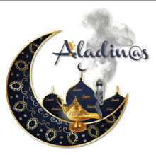 a logo for aladinas shows a crescent moon and a lamp