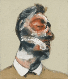 a close up of a painting of a man 's face with his eyes closed