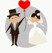 a cartoon of a bride and groom holding a red heart shaped balloon