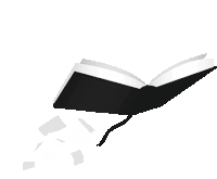 a black and white illustration of an open book with papers flying out of it