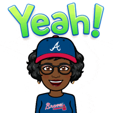 a cartoon of a woman wearing a braves shirt and a hat that says yeah