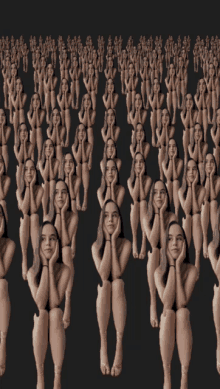 a row of naked women are sitting in a row with their hands on their faces