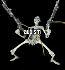 a skeleton is holding two guns with the word autism written on it