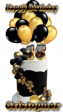 a black and white birthday cake with gold balloons and the number 15