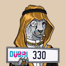 a cartoon of a cheetah holding a license plate that says dubai 330