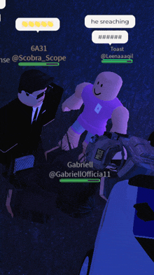 a screenshot of a video game shows a man in a suit and tie talking to another man in a purple shirt