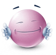 a pink smiley face is smiling with its eyes closed and arms outstretched .