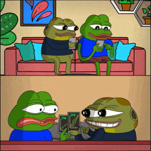 a cartoon of two frogs sitting on a couch and one holding a card that says $ 68