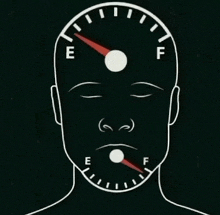 a drawing of a man 's head with a gauge pointing to the e and f levels