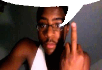 a man wearing glasses and a white tank top gives the middle finger