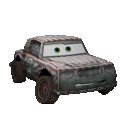 a rusty car from the movie cars with green eyes is on a white background .