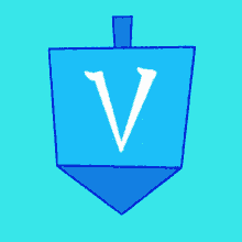 a blue and white drawing of a menorah with the letter v on it