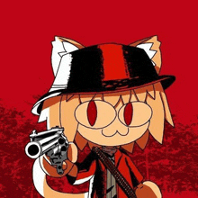 a cartoon cat is holding a gun in his hand and wearing a top hat .