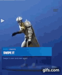 a knight in armor is dancing in a video game with a swipe it emote .