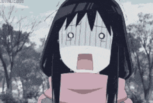 a girl with black hair is wearing a pink scarf and making a surprised face .