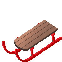 a red sled with a wooden seat and red handles on a white background