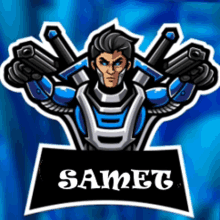 a logo for a game called samet with a man holding guns