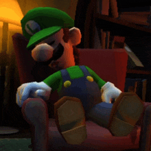 a video game character named luigi is sitting in a chair