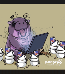 a cartoon of a hippo using a laptop surrounded by stacks of coffee cups and red bull cans