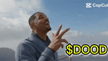 a man is laughing and pointing at the sky with the words $ dood on the bottom