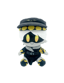 a stuffed animal with a black hat and yellow circles on it has the letter ci on its chest