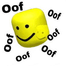 a yellow block with a smiley face on it is surrounded by other blocks with oof written around it .