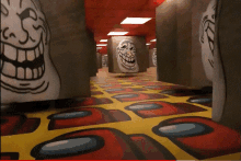 a hallway with troll faces on the walls and among us on the floor