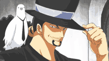 a man in a top hat with a white bird on his shoulder is smiling and adjusting his hat