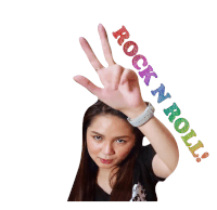 a woman making a peace sign with the words rock n roll below her