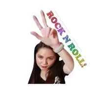 a woman making a peace sign with the words rock n roll below her