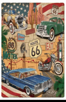 a collage of old cars and motorcycles with a route 66 sign in the center