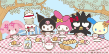 a group of cartoon characters sit at a table with cups of tea