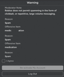 a warning screen that says roblox does not permit spamming in the form of clickbait