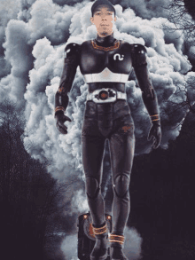 a man in a superhero costume is standing in front of a cloud of smoke