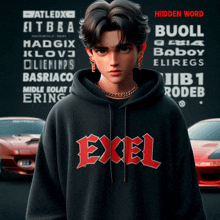 a boy wearing a hoodie with the word excel on it